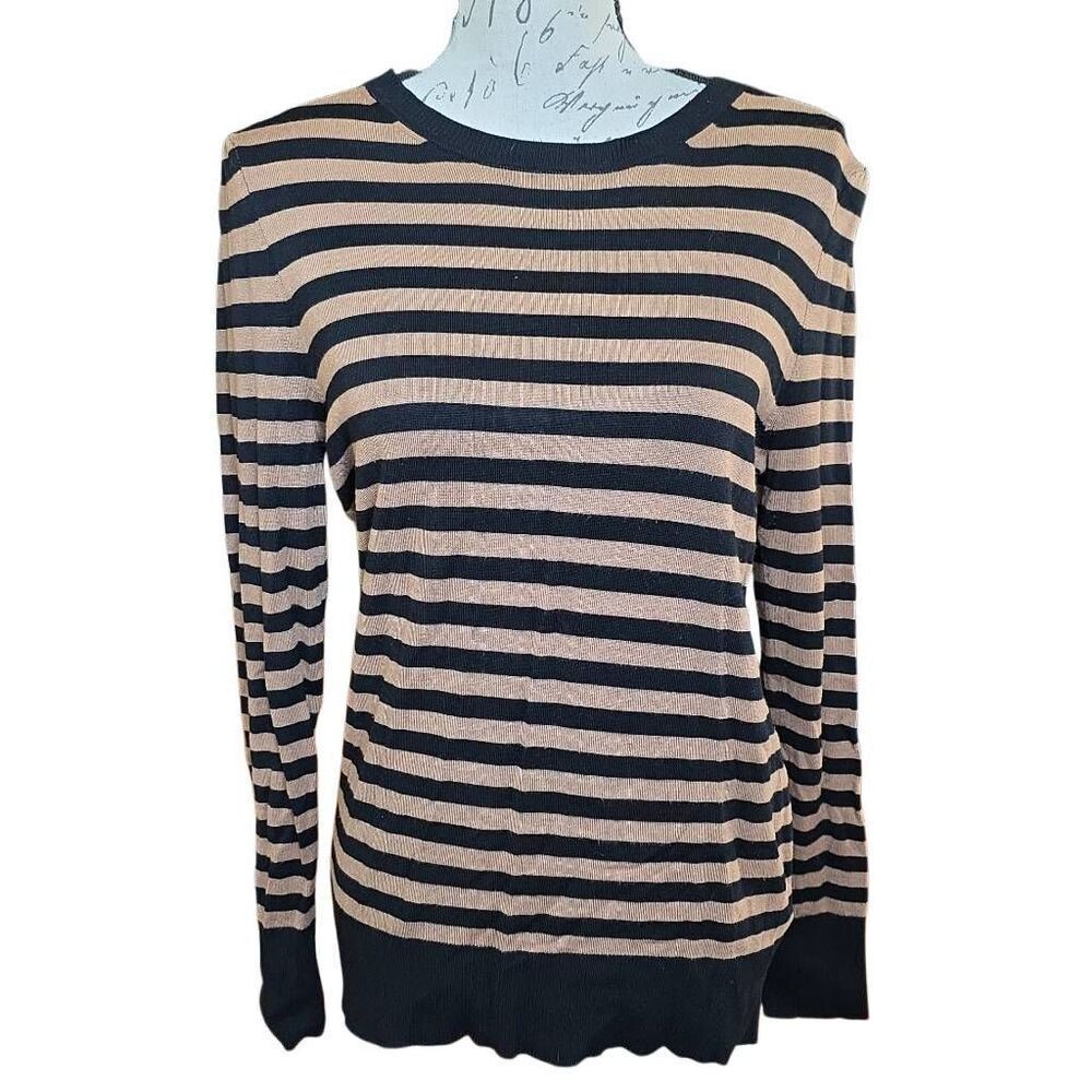 Premise Women's Size Medium Tan Black Stripe Zip Back Crew Neck Sweater